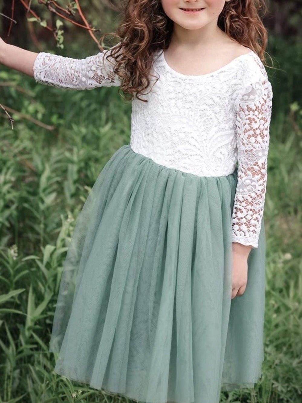 2BUNNIES Youth Girls White Lace Top Green Tulle Dress Sz 7/8 Formal Wedding Chic